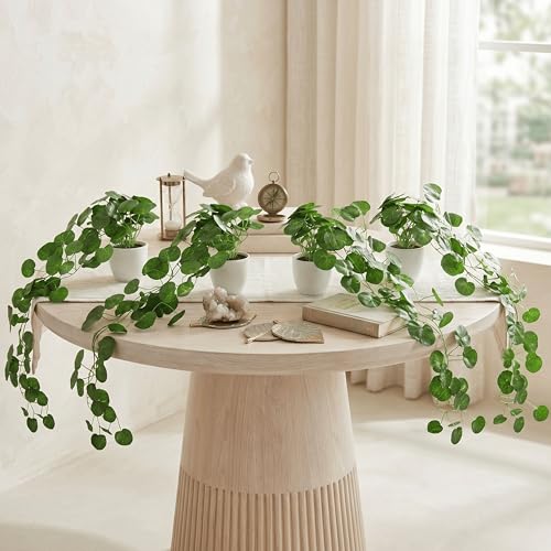 Image of Dekorly Artificial Hanging Garland with Pot - 100cm Rose Vine, 10cm Decorative Pot for Table, Shelf & Wall Decor (4, Vines-08)