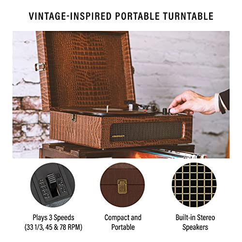 Image of Crosley CR8017B-BR Voyager Vintage Portable Vinyl Record Player Turntable with Bluetooth in /Out and Built-in Speakers, Brown Crocodile