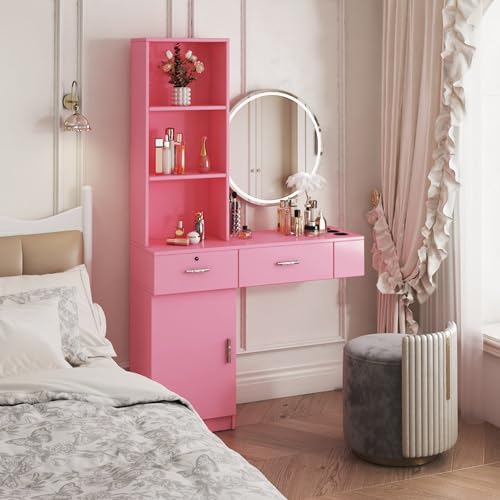 Oosofi Pink Modern Hair Desk, Multi-Layer Storage Space