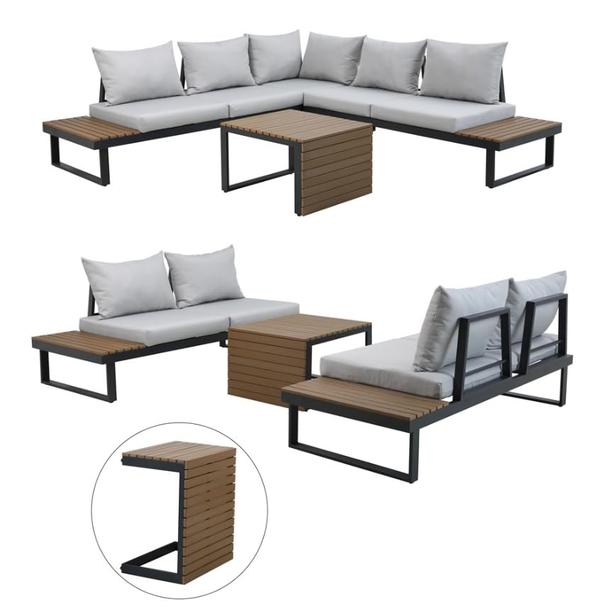 BDW Marbella Salon de jardin en aluminium gris avec polywood design modulaire pour terrasse et jardin, canapé 2 places, canapé d'angle, table basse