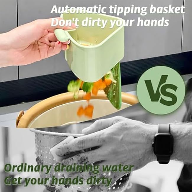 Suction Cup Sink Corner Rack, Corner Sink Strainer Basket for Food Waste, Sinks Trash Catcher, Upgraded Automatic Dumping, Triangle Storage Rack with Drain Hole, No Drilling (Green)