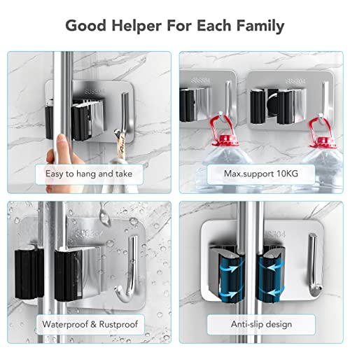Image of homeasy Mop Broom Holder No Drill, Mop Broom Organizer Wall Mounted Heavy Duty with Hooks Hanger, Self Adhesive Stainless Steel 4Pcs for Bathroom, Kitchen, Office (Multicolor)