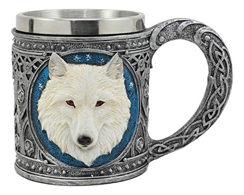 Ebros Celtic Direwolf Ghost White Wolf Mug 16oz Resin Wolf Totem Spirit Cup With Stainless Steel Rim - //coolthings.us