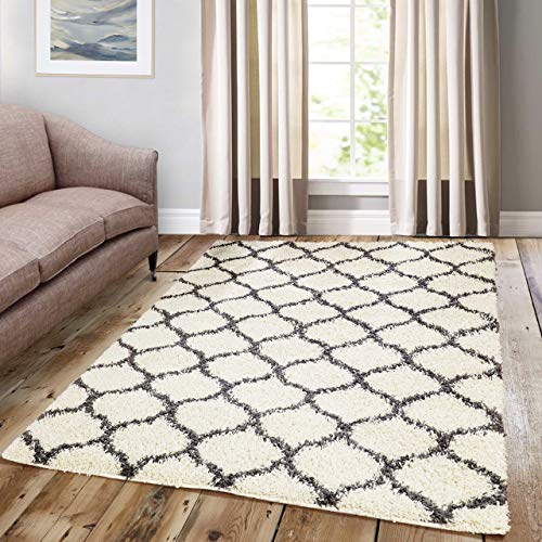 A2z Rug Cosy Super Tapis Contemporain Modern Tapis Shaggy En Treillis Ivoire Gris Foncé 120x170 Cm