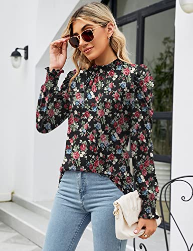 Image of LUYAA Puff Long Sleeve Shirts for Women Tops Dressy Casual Frill Mock Neck Smocked Cuffs Blouses