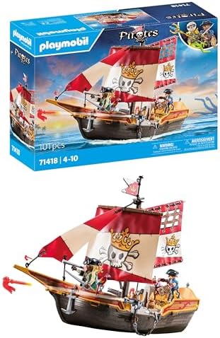 PLAYMOBIL Pirates 71418 Pirate Ship, Exciting Adventures on the High Seas, with Complete Accessories such as a Telescope, Compass and Cannons, Toys for Kids Ages 4 and Up
