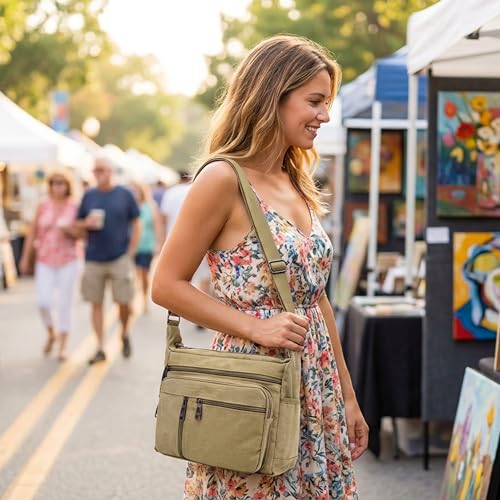 Image of POPCUBE Large Canvas Crossbody Sling Bag for Men & Women | 7 Zipper Pockets, 2 Water Bottle Holders, Adjustable Strap | Travel, Office, College Shoulder Bag | Durable Canvas Material, 32x14x27 cm