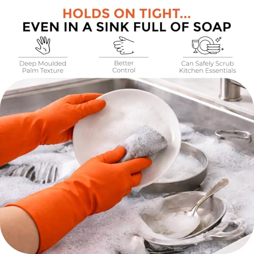 Image of LADWA Pre-mium Household Rubber Hand gloves orange Color (1 Pair) for Dishwashing, gardening, kitchen cleaning
