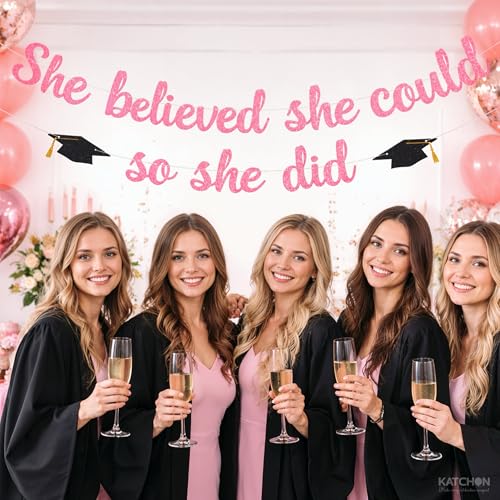 Image of KatchOn Medical College 2026 Graduation Party Decorations 10 Feet Glitter She Believed She Could So She Did Banner, Pink You Did It Banner, Pink Graduation Decorations 2026