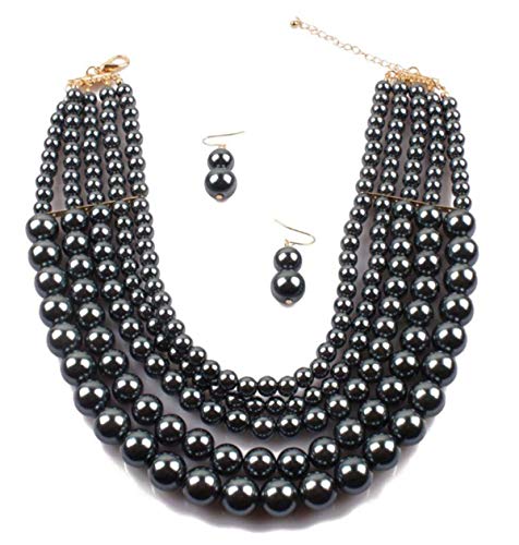 Shineland Elegant 5 Layer Strand Faux Pearl Cluster Collar Bib Choker Necklace And Earrings Suit (Hematitie)