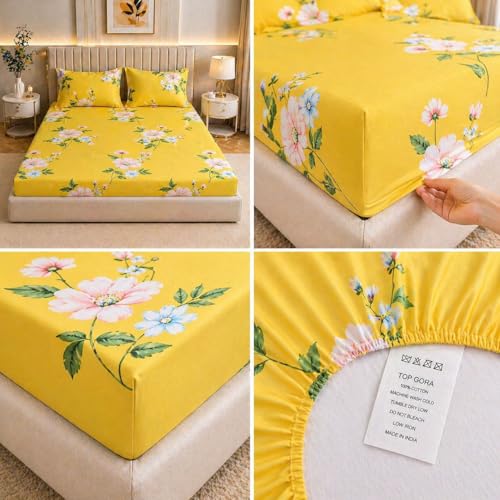 Image of Castiqa Elastic Fitted Supersoft Premium Brushed Cotton 200TC King Size Bedsheets with 2 Pillow Covers (Fits Upto Mattress of 10 Inches) (King (72x78), Yellow Flowers)