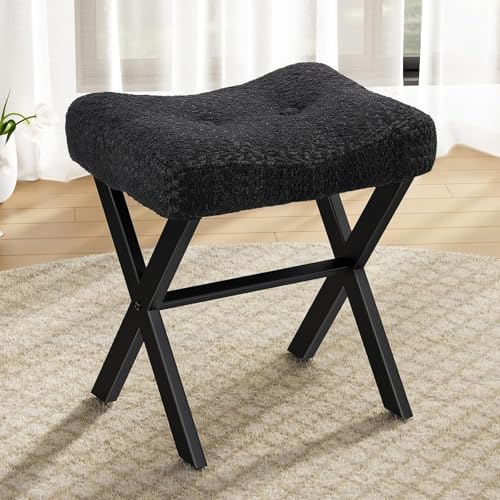 Image of Memobarco 18-Inch Vanity Stool Chair, Vanity Bench with Metal X-Legs, Ottoman Accent Stool with Breathable and Soft Boucle Fabric Saddle Seat, Black