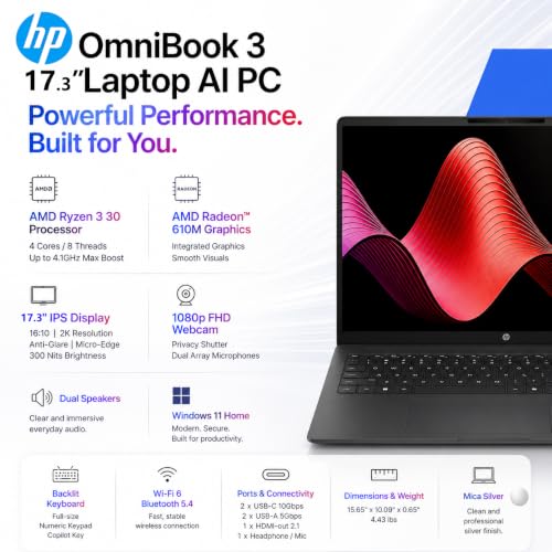 Image of HP OmniBook 3 17.3 inch FHD IPS Laptop, AMD Ryzen 3 30, 8GB LPDDR5 RAM, 512GB SSD, Backlit Keyboard, Wi-Fi 6, Bluetooth 5.4, Copilot Key, 1080p FHD Webcam, Windows 11 Home with Microsoft 365 for the Web