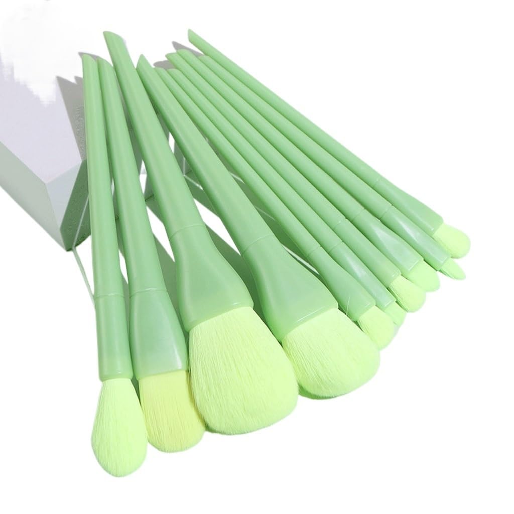Juego de 10 brochas de Maquillaje Verdes, Completo con brochas for Polvos Sueltos y brochas de Maquillaje.