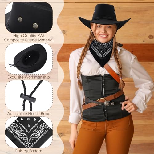 Image of Coume 15 Set Western Cowboy Hat Costume Accessories Paisley Bandanna Cowgirl Hats Bulk for Adult Women Men Dress Party
