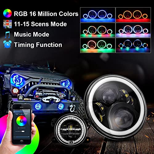 7" Rgbw Halo Led Headlights With 4" Fog Lights Combo - App Controlled Custom Colors, Music Mode, Ip67 Waterproof - Fits 2007-2018 Jk/Jku, 1997-2006 Tj, 2004-2006 Lj, 76-86 Cj #TOP1