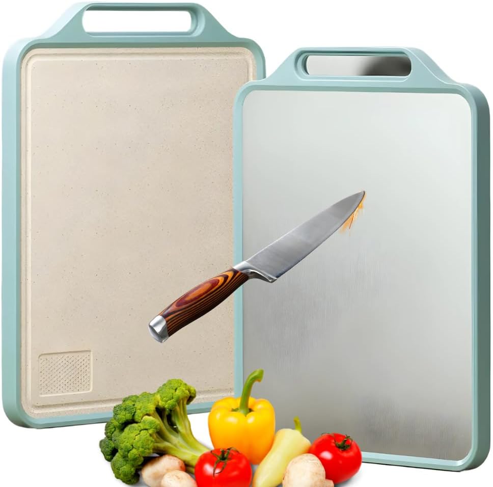 Tábua de Corte Dupla Face Inox e PP Tabua de Carne Inox Antibacteriana, Tábua de Corte de Aço Inoxidável, Antiderrapante e Antimicrobiana, Resistente a Mofo e Arranhões – Tamanho Grande Premium
