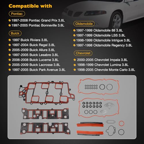 Image of 3.8 Intake Manifold Gasket Set, Compatible with 1997-2009 Buick Regal Pontiac Grand Prix Chevy Impala Lumina Monte Carlo Oldsmobile Intrigue Regency, Replaces# MIS16203A