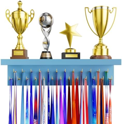 DSVENROLY Medaillenhalter mit Trophäenregal, Stabiler Auszeichnung aufhänger ständer aus Holz mit 25 Stahlhaken, Wandmontage Medal Trophy Display Shelf Organizer für Sportfans