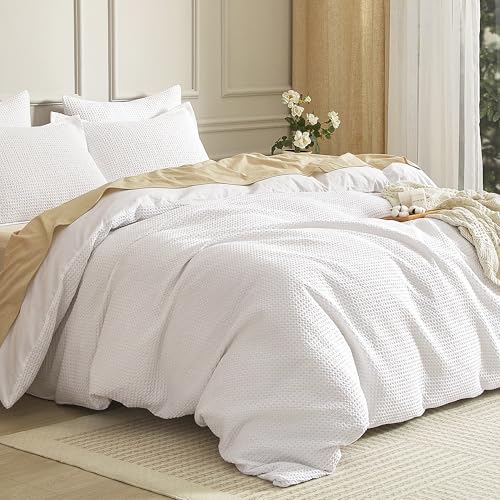 SE SOFTEXLY Waffle Duvet Cover Queen, 100% Cotton Waffle Weave Bedding Duvet Cover Set, Soft and Breathable Comforter Cover for All Season, 3 Pieces Including Pillow Shams(White, 90”x90”)