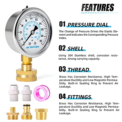 Image of MEANLIN MEASURE 0~200Psi Stainless Steel Frame 3 /4 inch Female Liquid Filled Pressure Gauge kit Plus 5 adapters, 2.5 inch FACE DIAL Multi-Purpose Pressure Gauge kit, Suitable for Gardens, Water Pipes, etc