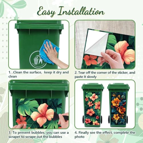 Image of Peacoblue Wheelie Bin Stickers 2 Sheets Flowers and Leaves Sticky Dustbin Stickers Decals, 15 inch x 32 inch Waterproof Large Wraps for Trash Cans Bins Fridges Door Wall Garden Outdoor Indoor Patio Decor