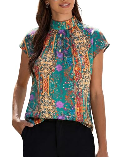 Image of Funlingo Womens Summer Tops Mock Neck Short Cap Sleeve Blouses Business Casual Work Chiffon Shirts Front Pleated Tunic Top