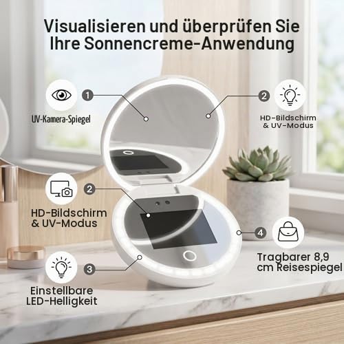 Reise-Kompaktspiegel mit UV-Kamera, 2-fache Vergrößerung, Tragbarer UV-Spiegel mit Lichtern, Überprüfung von Gesichts-Sonnenschutz, 3,5 Zoll Faltbarer Reisespiegel