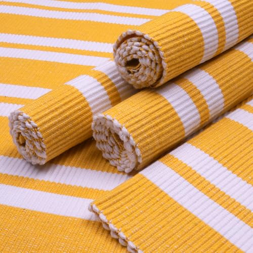 Image of Encasa XO Dining Table Mats Set of 6, 46x32 cm | Handmade Franca Yellow Stripes Ribbed Cotton Table Mat | Heat-Resistance Table Placemats, Non-Slip, Washable & Durable Place mat for Dining Table