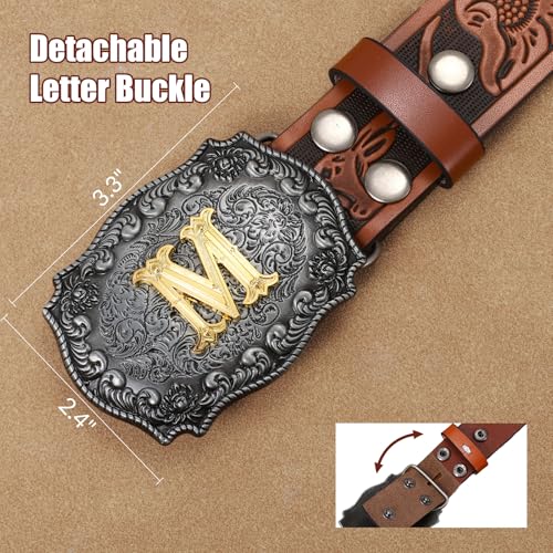 Western Cowboy Leather Belt Men Women, Gold Initial Letters ABCJMZ Buckle Embossed Belt for Jeans