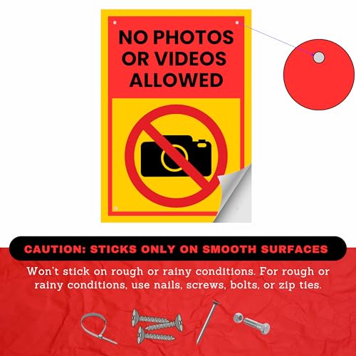 Image of No Photos Or Videos Allowed Sign Sticker Board 29 x 20 CM | Peel & Stick or Screw Fix | Pre-Drilled Holes | Pack of 1 (No Photos Or Videos Allowed, A4 - Medium - 1 Piece)