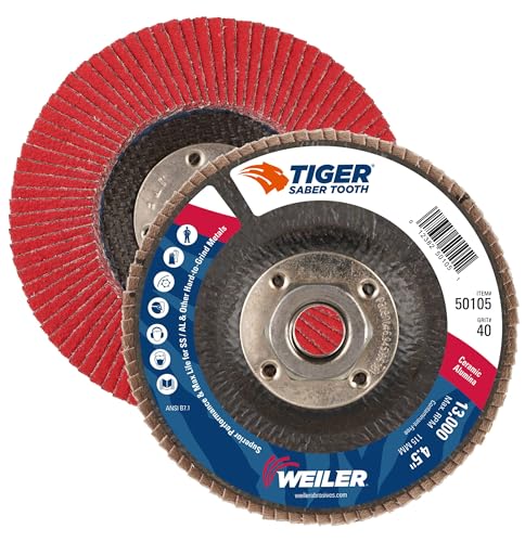 Image of Weiler 50105 Saber Tooth 5 /8 inch-11 Arbor, 4-1 /2 inch Diameter, 40 Grit, Ceramic, Phenolic Backing, Angled Abrasive Flap Disc
