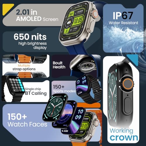 Image of Boult Crown Pro Smart Watch 2.01'' AMOLED, BT Calling, Working Crown, AOD, Zinc Alloy Frame, 650 Nits Brightness, AI Voice Assistant, SpO2 Monitoring, 120+ Sports Mode (Phantom Black)