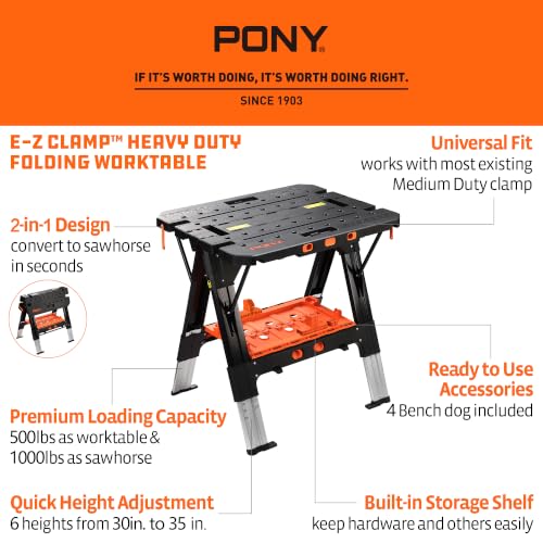 Image of Pony Portable Folding Work Table, Workbench & Sawhorse | 2-in-1 Design, 31 inchx25 inchx25 inch-35 inch Height Adjustable, Heavy Duty, 4 Bench Dogs, for Woodworkers & DIYers