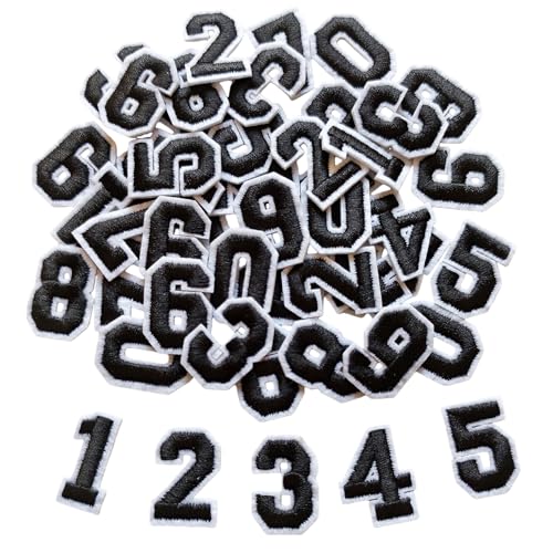Zlettery 50pcs Iron on Number Patches 1 inch 5 Sets of 0-9 Embroidered Small Number Patches for Clothing Jackets Hats Backpacks Jeans Black