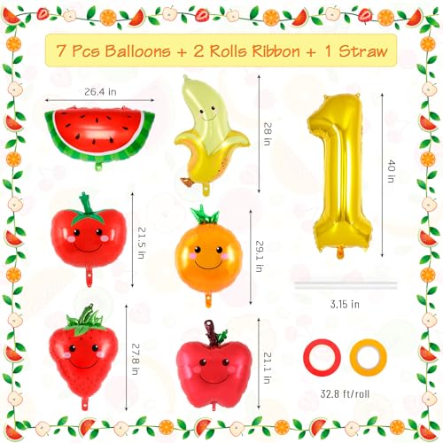 Image of AIQINHU Fruit Number 1Balloon, Apple Orange Watermelon Fruit Foil Balloons, 40 Inch Mylar Gold 1 Balloon For Fruit Summer First 1st Birthday Party Decorations Supplies
