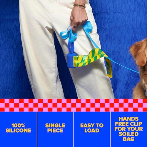 Image of Dog Poop Bag Dispenser with 15 14 inch Bags Capacity - Blue Silicone Dog Poop Bag Holder for Leash | Durable, Portable & Refillable Waste Bag Case | Only Fits Waste Happy bags
