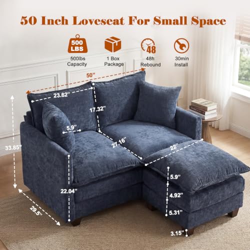 Image of 50'' Loveseat Sofa Set with Ottoman, Small Couch Set 2 Piece Cloud Love Seat 27 inch Deep Seat Washable Pillows Couches for Small Spaces Apartment Living Room, Blue