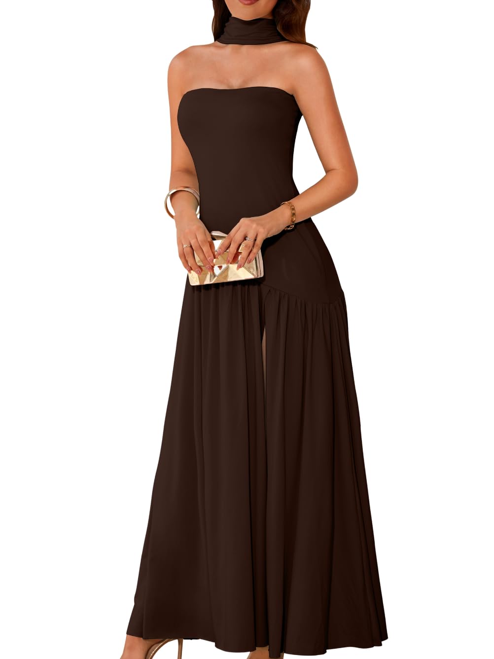 Womens Maxi Tube Dress with Scarf Drop Waist High Slit Formal Prom Wedding Guest Cocktail Party Gown