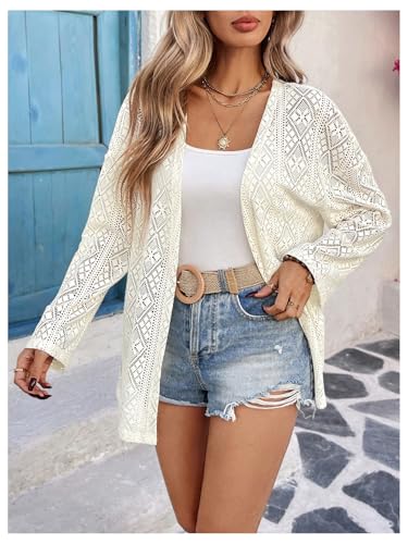 OYOANGLE Women's Crochet Cardigan Long Sleeve Open Front Lightweight Sweater Outerwear4
