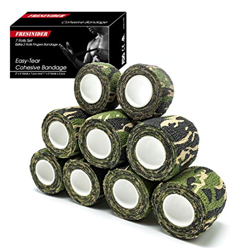 FRESINIDER 9 Rolls Self Adhesive Wrap Athletic Tape Gauze, Breathable Elastic Cohesive Bandage for Sports Injury & Pet (7 Pcs 2"x 5 Yards + 2 Pcs 1" X 5 Yards) (Woodland Camo)