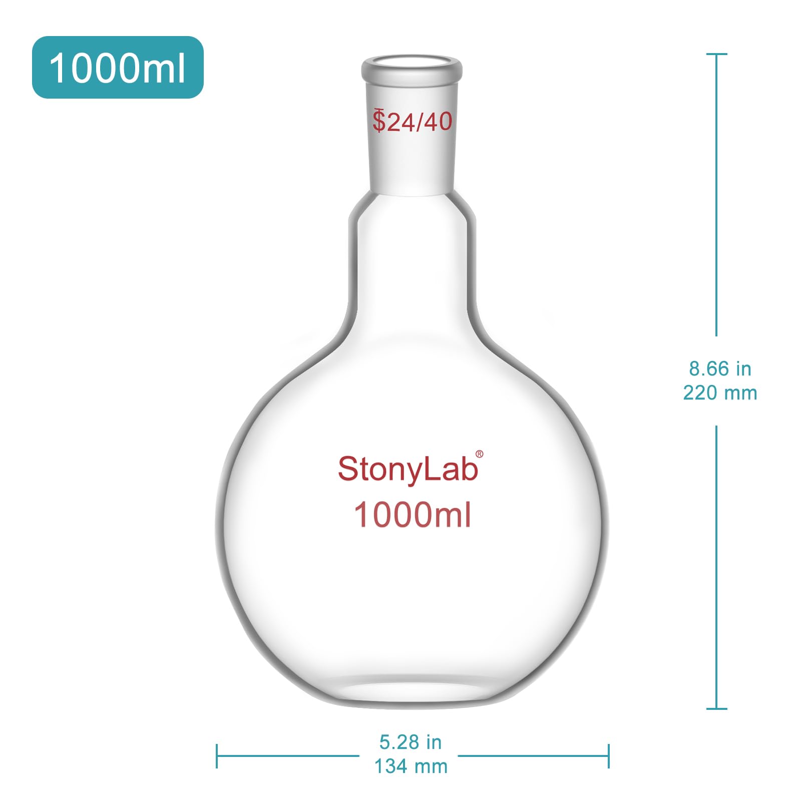 StonyLab Borosilicaté Verre Simple cou Fond plat Ébullition Flasque, Ballons de Laboratoire Single Neck Flat Bottom Boiling Flask avec 24/40 Standard Cône Joint Extérieur - 1000ml