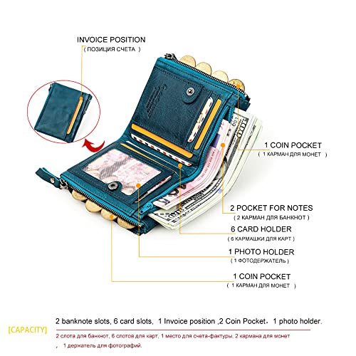 Image of CONTACTS Womens Bifold Wallet Leather Small Zipper Coin Purse for Women Fashion Card Holder with ID Window (Peacock Blue)