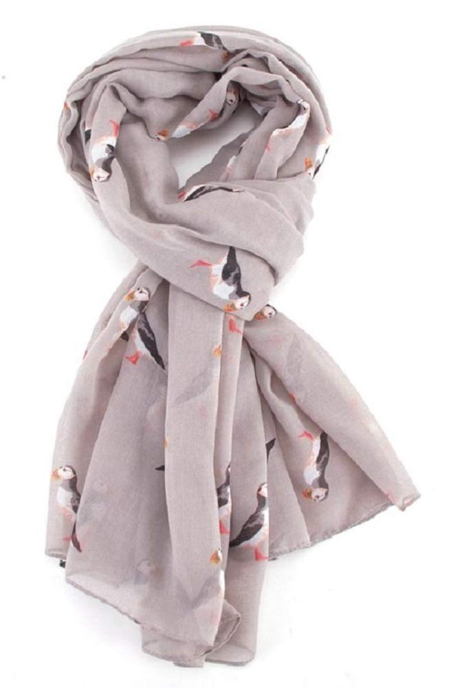 LilyRosa® Puffin Scarf Silver Grey Blue Green Turquoise Scarfs Wrap Scarves Puffins Bird Birds (Grey)