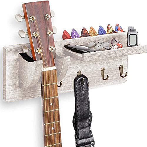 YILE Guitar Wall Mount, Wall Hanger, Guitar Holder, Guitar Hanging Rack with Pick Holder and 4 Hook for Electric Guitar, Acoustic Guitar, Bass Guitar, Guitar Accessories (White)