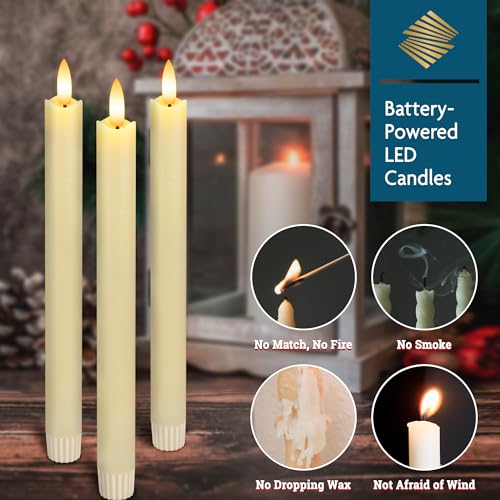 Image of Flameless Taper Candles with Remote, Real Wax Battery Operated LED Candles with 3D Flickering Flame, 9.6 inch 3PCS Ivory Realistic Dripless Candlesticks for Home Wedding Decor, Mother's Day Gifts