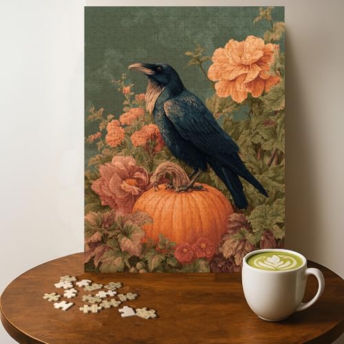 Raven Perched ON Pumpkin Casse-tête 500 pièces bois pour adultes, 20 x 15 po