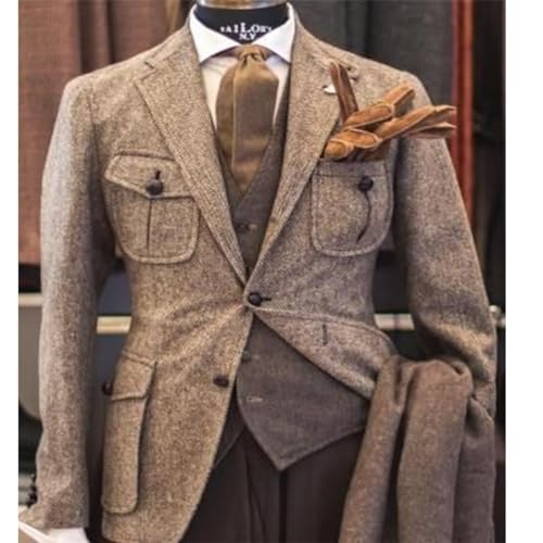 Men Herringbone Tweed Jacket Multi-Pocket Blazer Tux for Wedding Dinner2