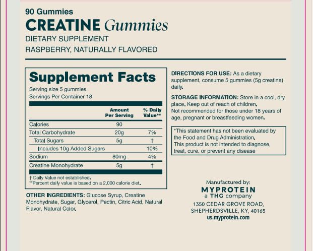 Image of Myprotein Creatine Gummies, 5g Creatine Monohydrate per Serving, Raspberry, 90 Count, 18 Servings, Chewable Post /Pre Workout Strength & Recovery Sports Nutrition Supplement, Vegan, Non-GMO