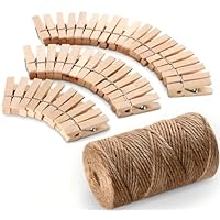 ABSOFINE 100 Pcs Mini Wooden Pegs 328 Feet & 3.5cm Twine String 3-Ply, Craft Clothes Pegs Clips, String and Pegs for Photos DIY Decorative Arts & Crafts, Weddings & Events